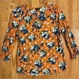 Crosby Orange Floral 3/4 Sleeve Boho Top Medium